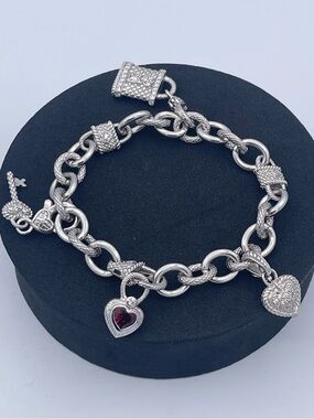 Judith Ripka Sterling Silver 925 Charm Bracelet Garnet Heart Lock Key Charms
